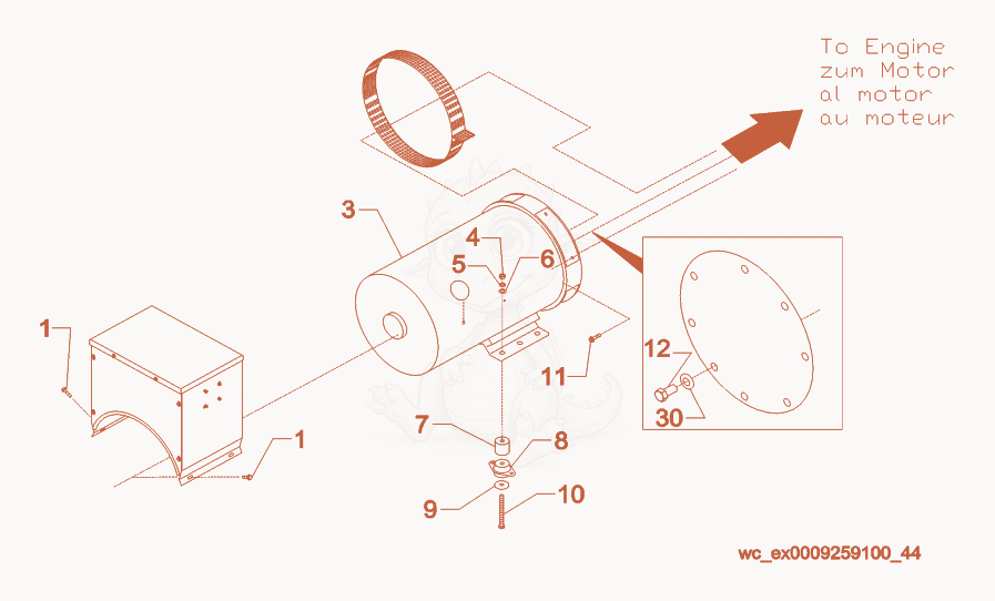Exploded parts diagram of the Engine/Generator cpl. of a Wacker Neuson G85, with numbered balloons