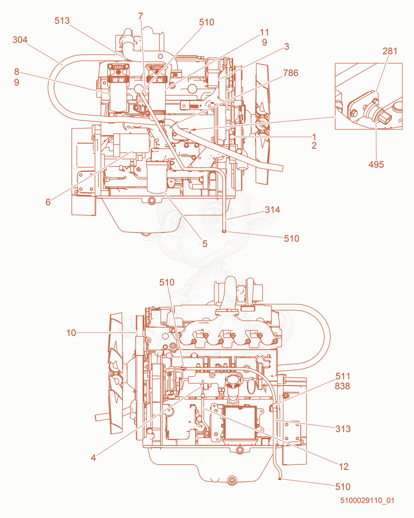 Exploded parts diagram of the Engine-Deere of a Wacker Neuson G70, with numbered balloons