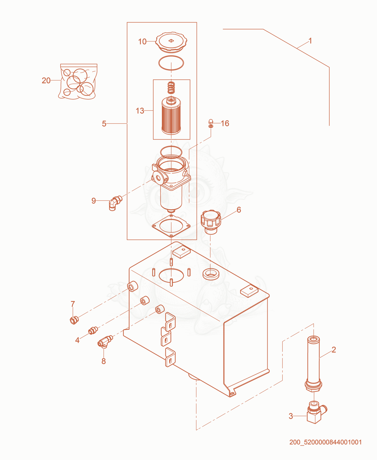 Exploded parts diagram of the Hydraulic Tank of a Wacker Neuson RTKX-SC3, with numbered balloons