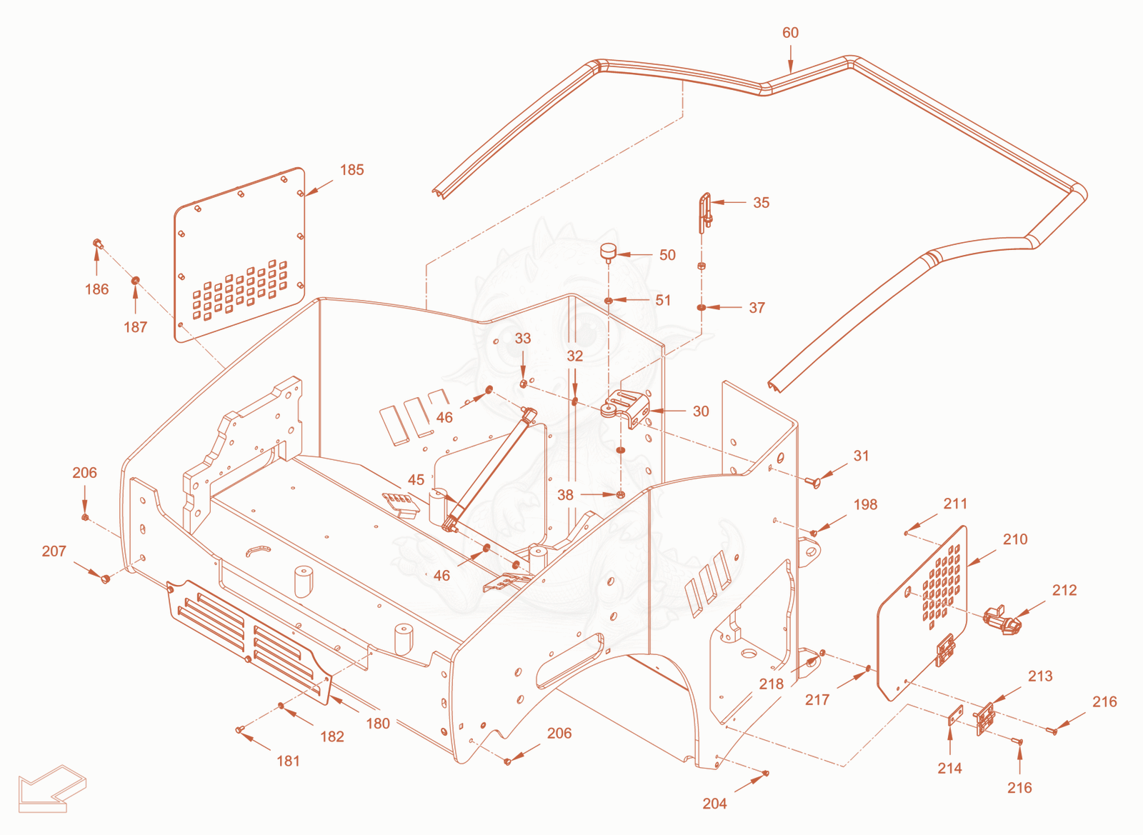 Exploded parts diagram of the canopies and covers of a Wacker Neuson RD28-120OE, with numbered balloons