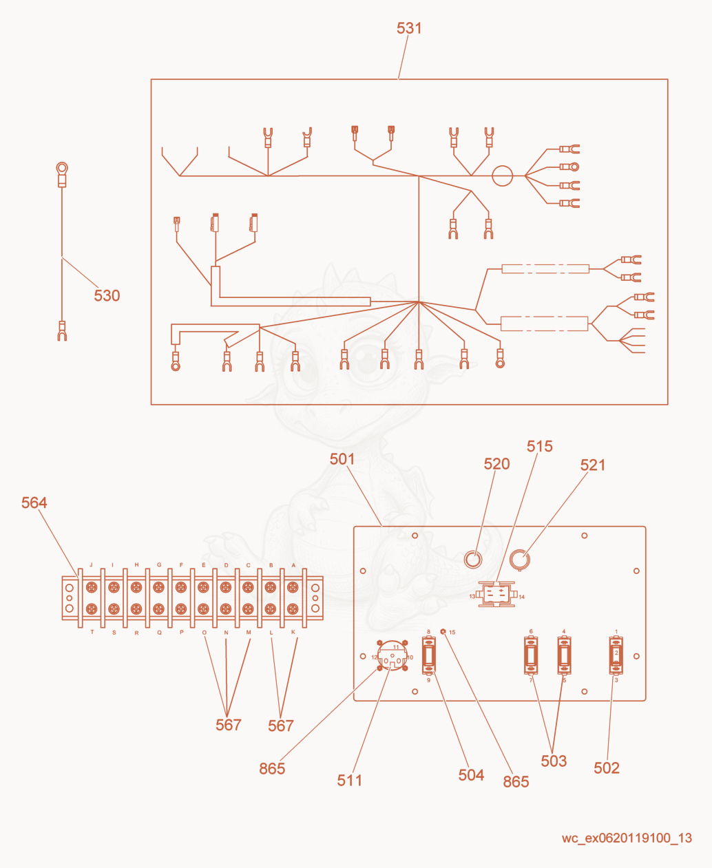 Exploded parts diagram of the Wiring Harness/Control Panel of a Wacker Neuson LTN6LE, with numbered balloons