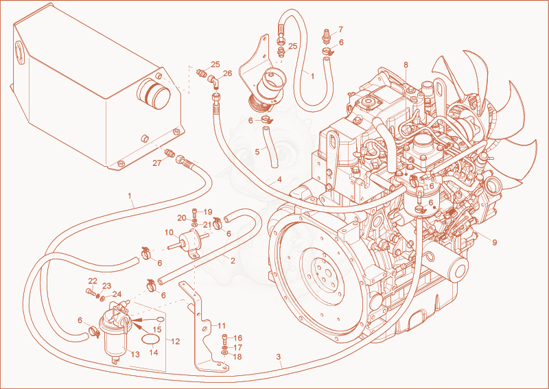 Exploded parts diagram of the fuel system of a Wacker Neuson 38Z3, with numbered balloons