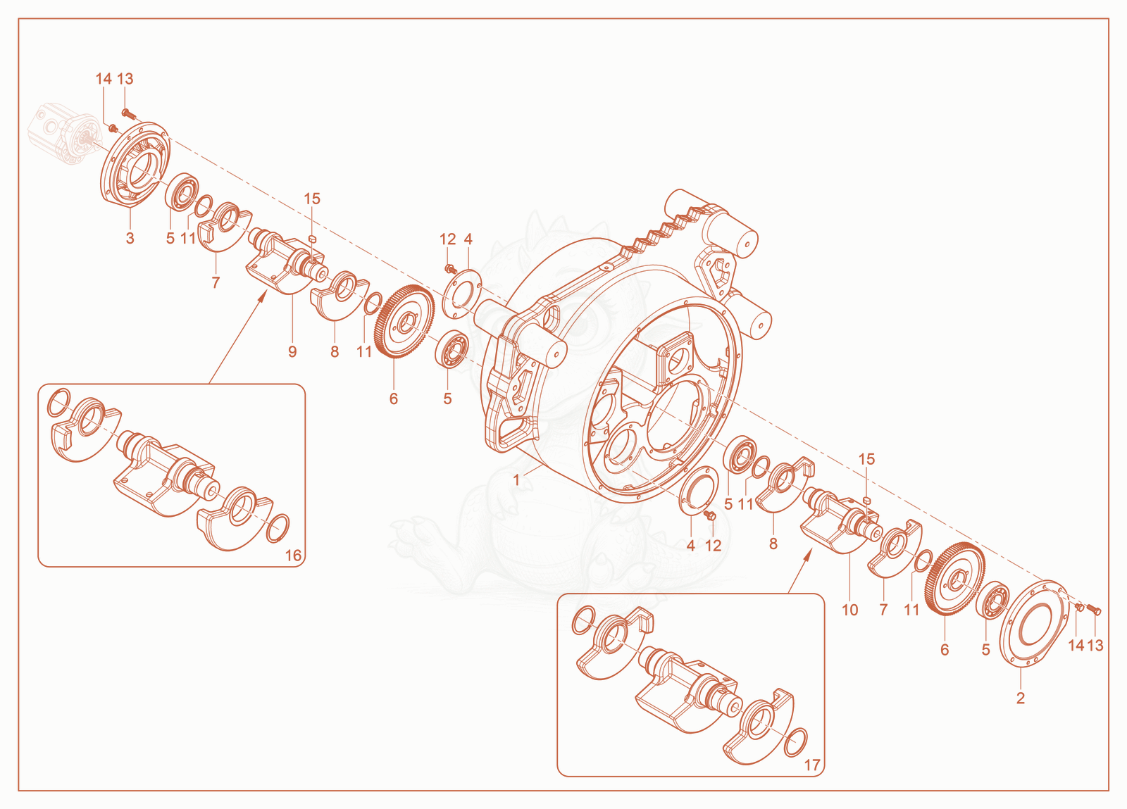 Exploded parts diagram of the Exciter Shaft of a Wacker Neuson RTLX-SC3, with numbered balloons