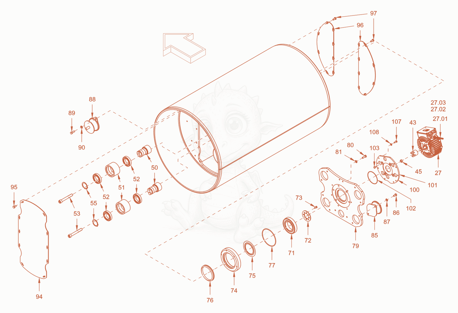 Exploded parts diagram of the roller drum with oscillator of a Wacker Neuson RD28-120E, with numbered balloons