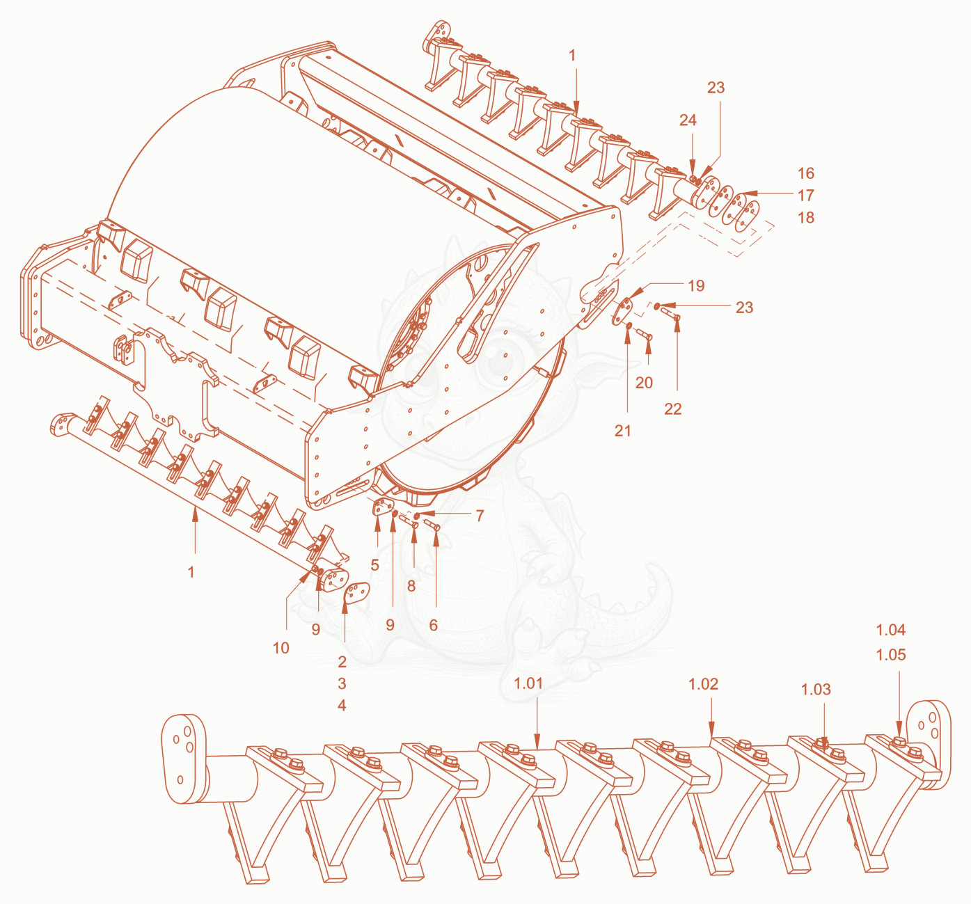 Exploded parts diagram of the v-scraper padfoot drum of a Wacker Neuson RC110PUSROPS, with numbered balloons