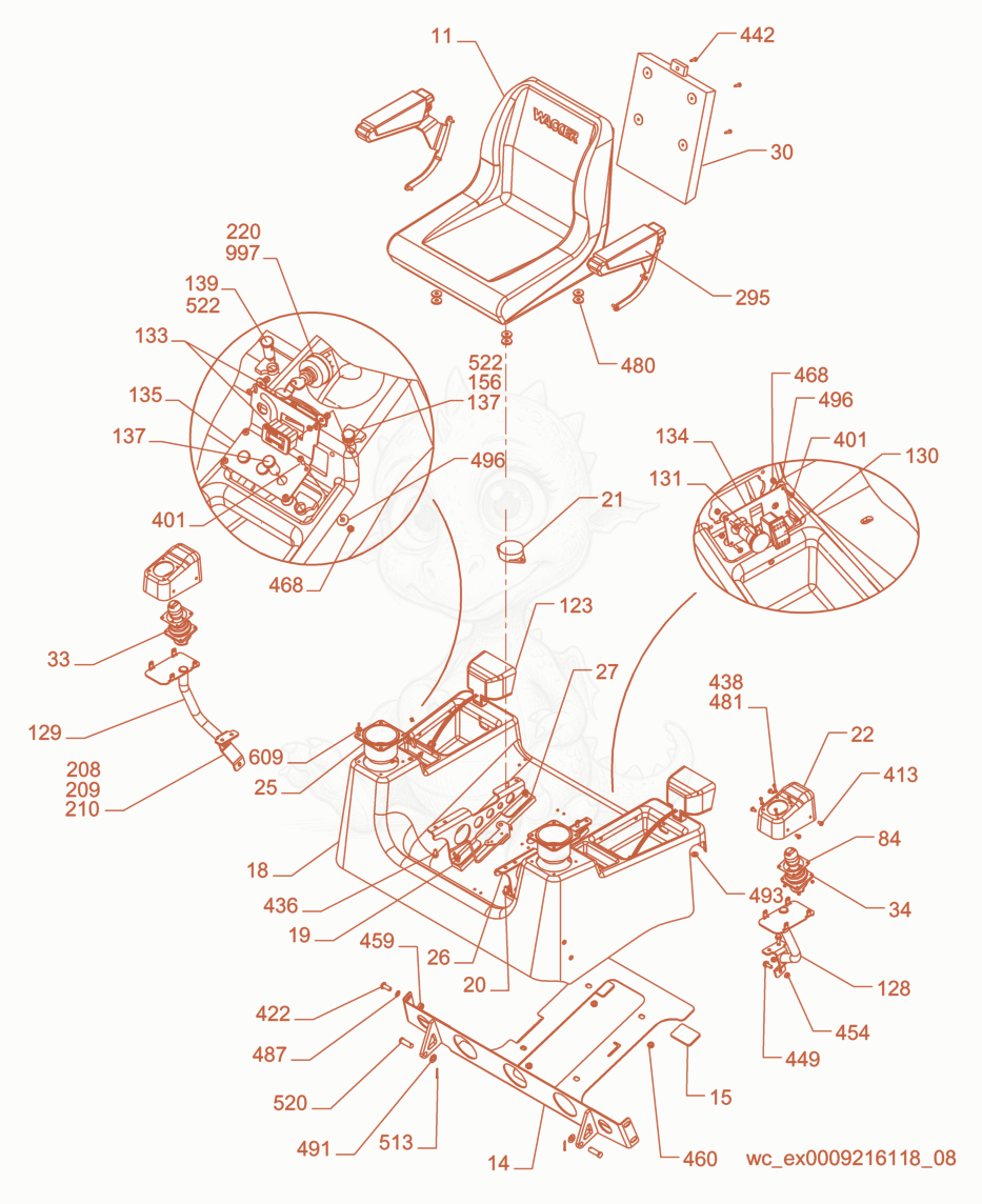 Exploded parts diagram of the Seat Assembly of a Wacker Neuson CRT48-31V-ES, with numbered balloons