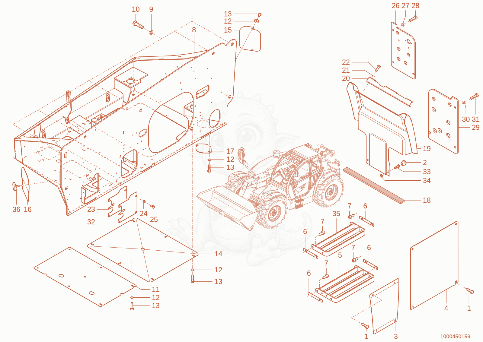 Exploded parts diagram of the trim of a Wacker Neuson TH755(416-34), with numbered balloons