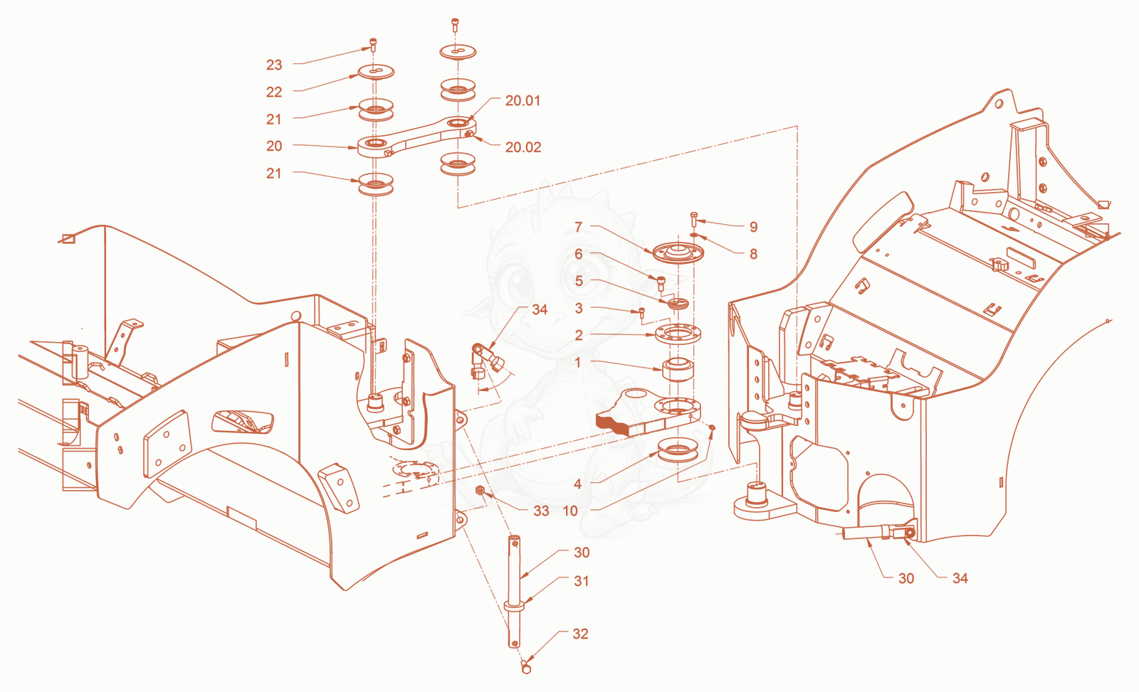 Exploded parts diagram of the centre pivot assembly of a Wacker Neuson RD18-100C, with numbered balloons