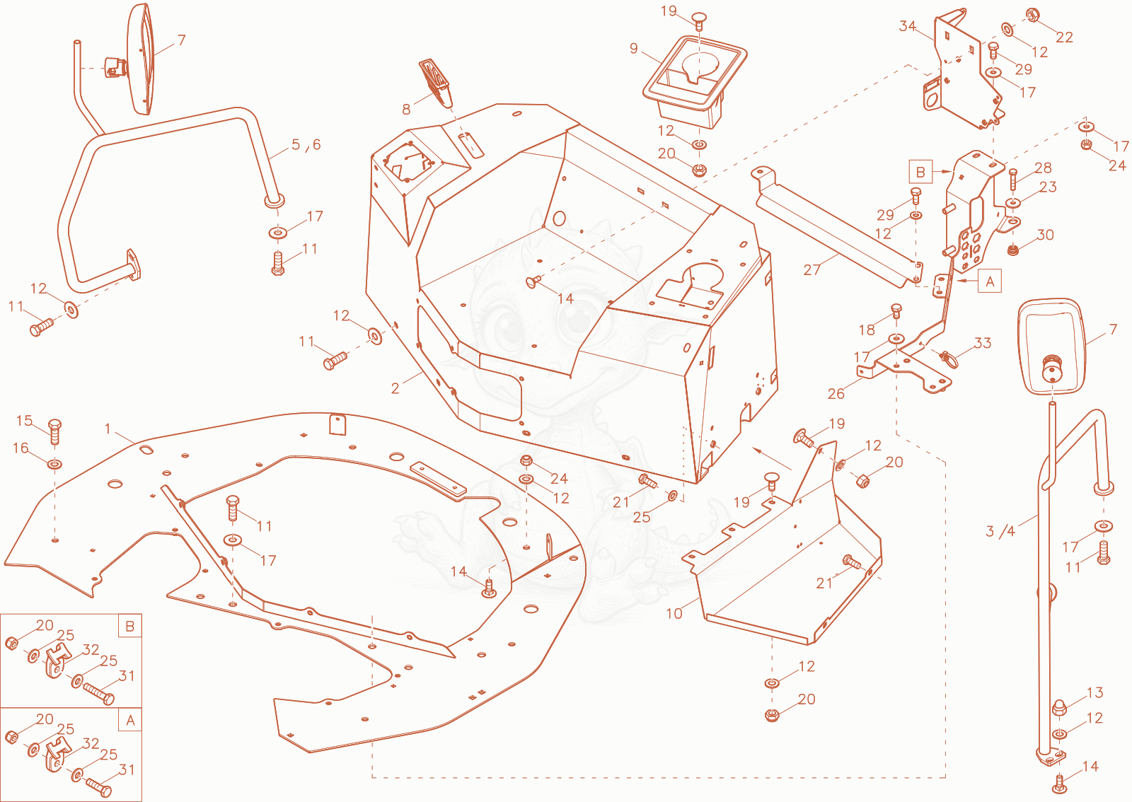 Exploded parts diagram of the seat console of a Wacker Neuson DV45, with numbered balloons