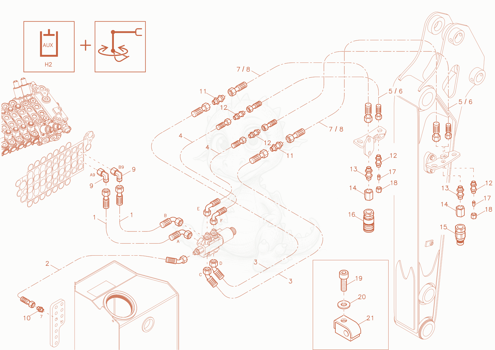 Exploded parts diagram of the Pilot circuit Powertilt (Option) of a Wacker Neuson ET18-2, with numbered balloons