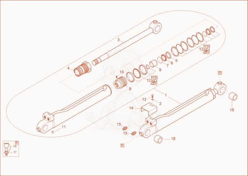 Exploded parts diagram of the dipper arm cylinder of a Wacker Neuson 1402PRIMUSFORCE, with numbered balloons