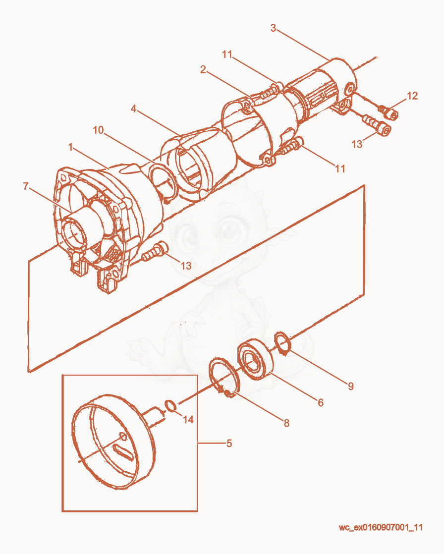 Despiece del Clutch de una máquina Wacker Neuson P35, con globos numerados