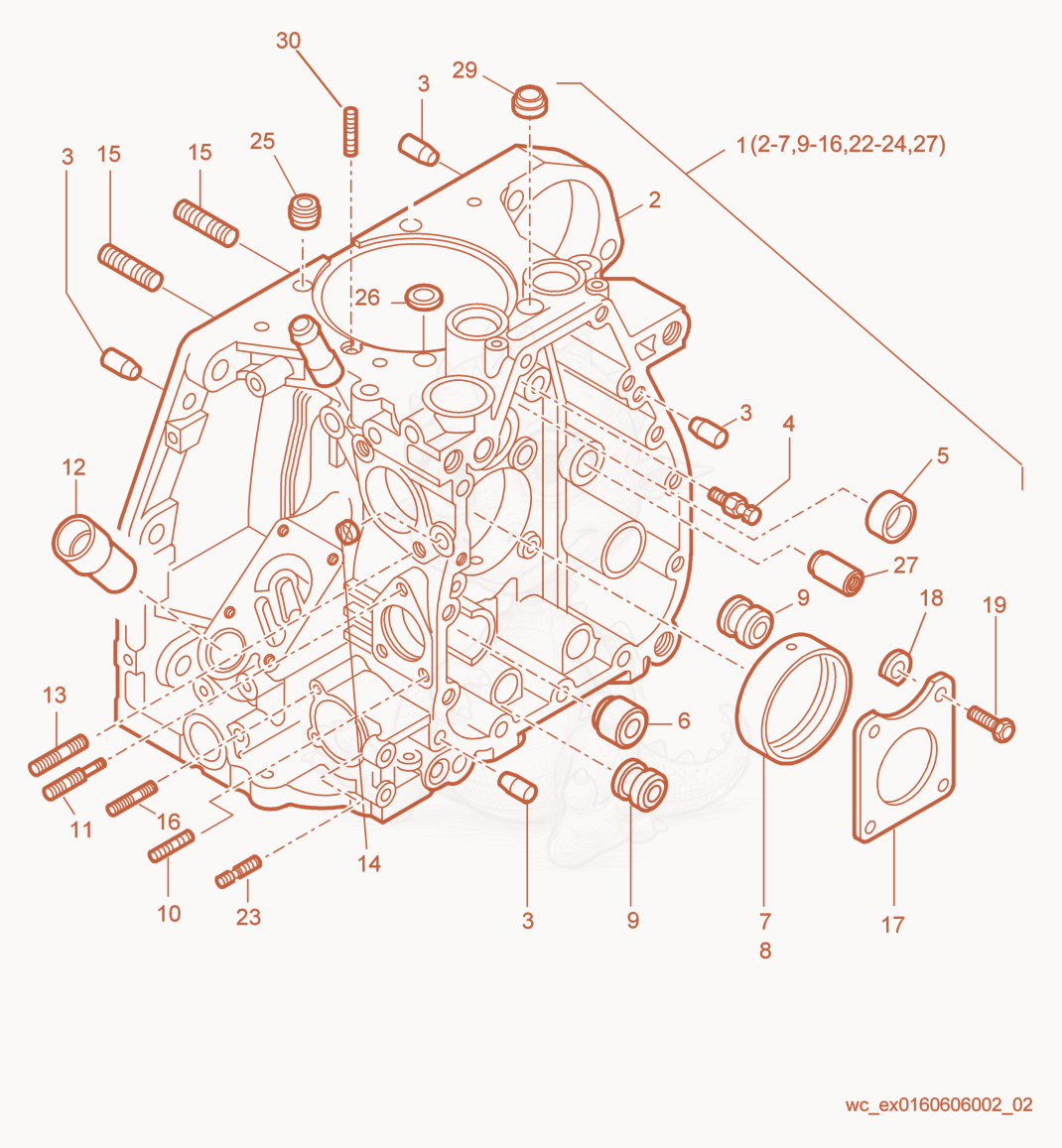 Exploded parts diagram of the Crankcase cpl. of a Wacker Neuson RD7H-ESEU, with numbered balloons