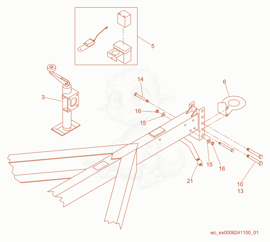 Despiece del Coupler Hitch cpl. de una máquina Wacker Neuson MGT3E, con globos numerados