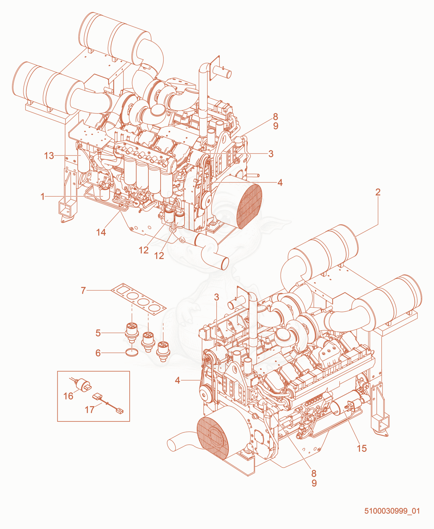 Exploded parts diagram of the Engine Service Parts of a Wacker Neuson G1100, with numbered balloons