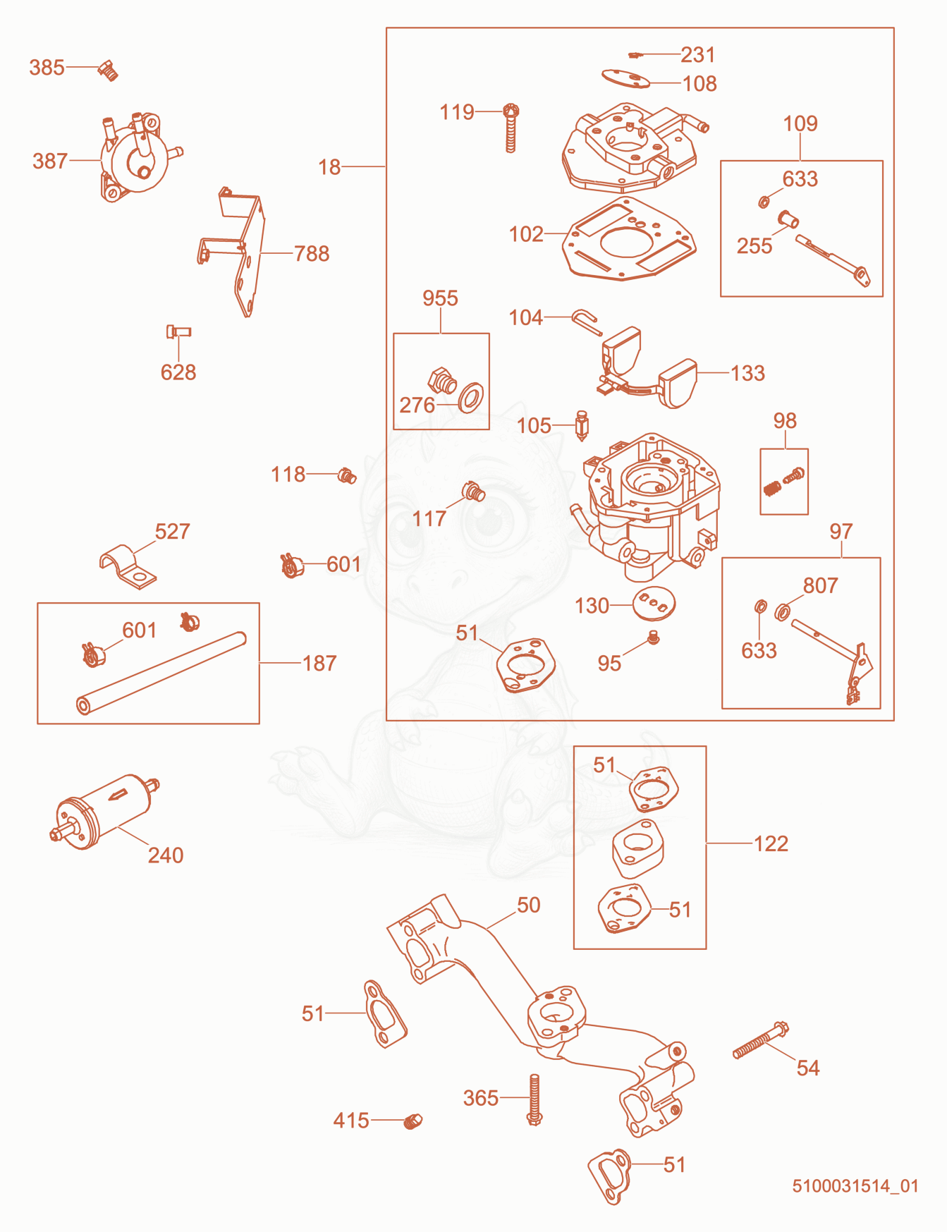 Exploded parts diagram of the Carburetor of a Wacker Neuson PTS4V, with numbered balloons