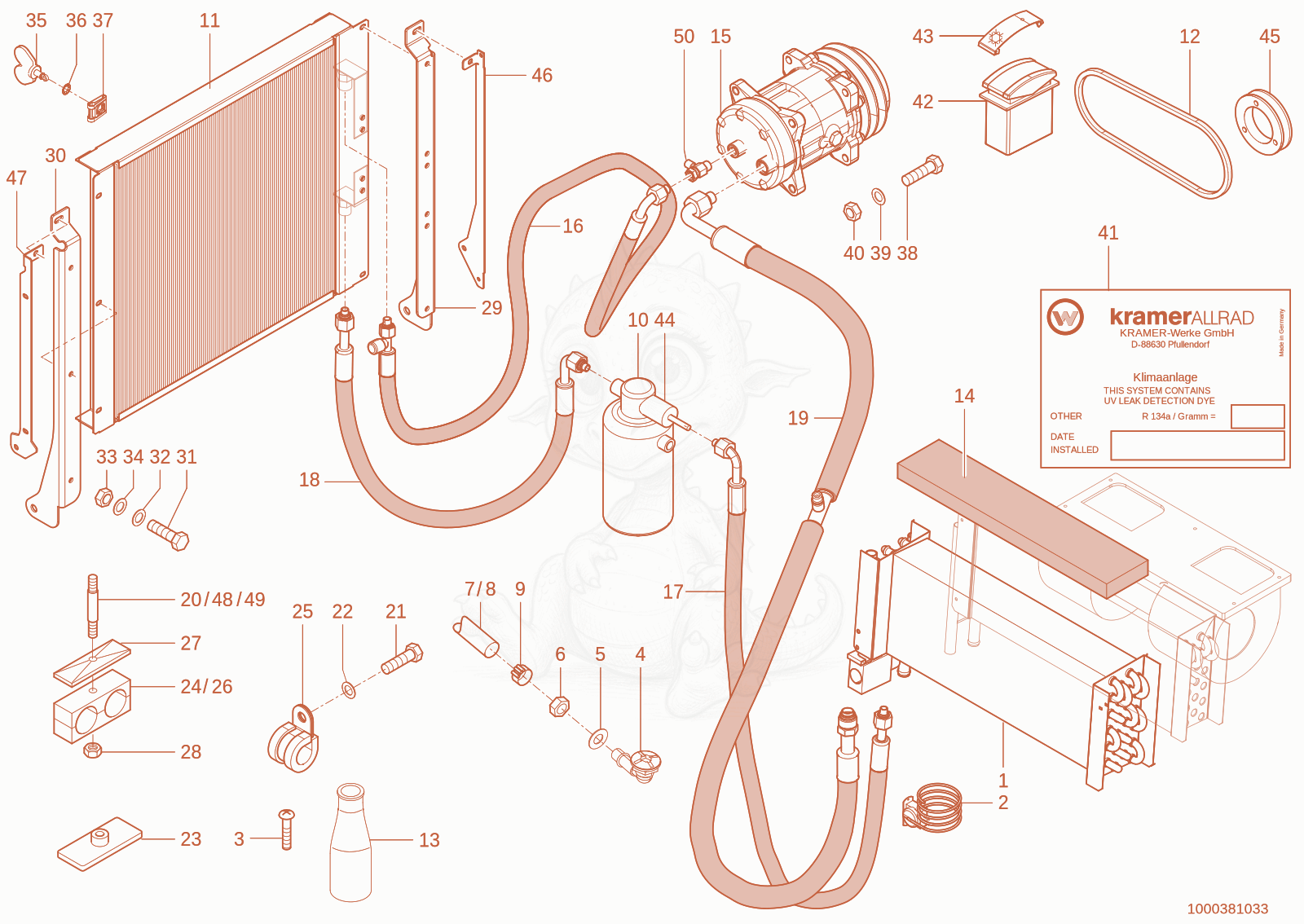 Exploded parts diagram of the Air conditioning system of a Wacker Neuson TH955(416-36), with numbered balloons