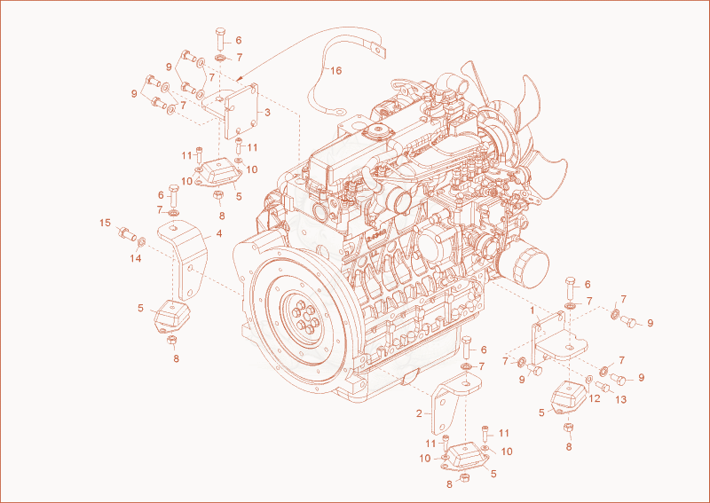 Exploded parts diagram of the Engine bedding of a Wacker Neuson DT25, with numbered balloons
