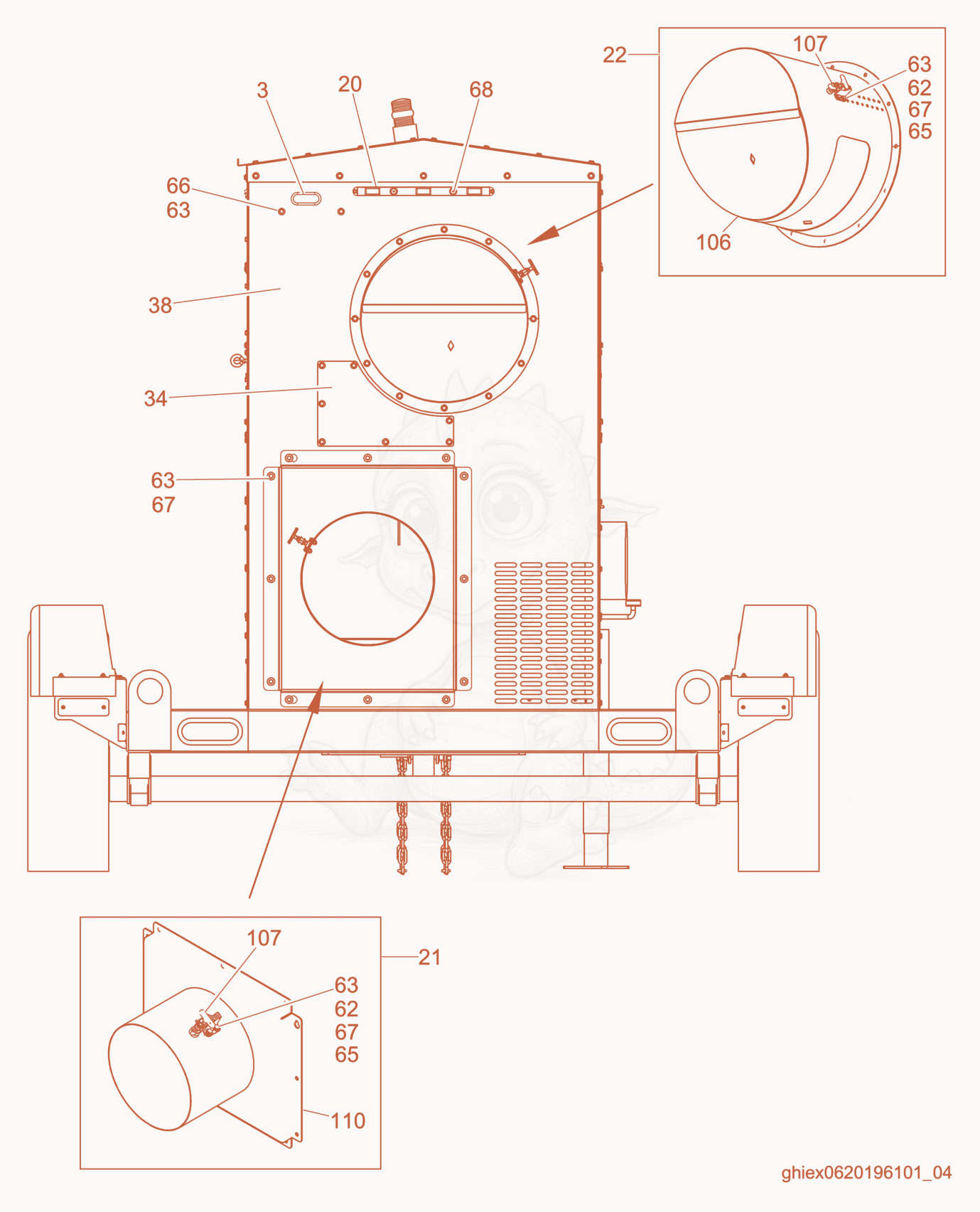 Despiece del Rear Enclosure cpl. de una máquina Wacker Neuson ARCTICBEARHD, con globos numerados