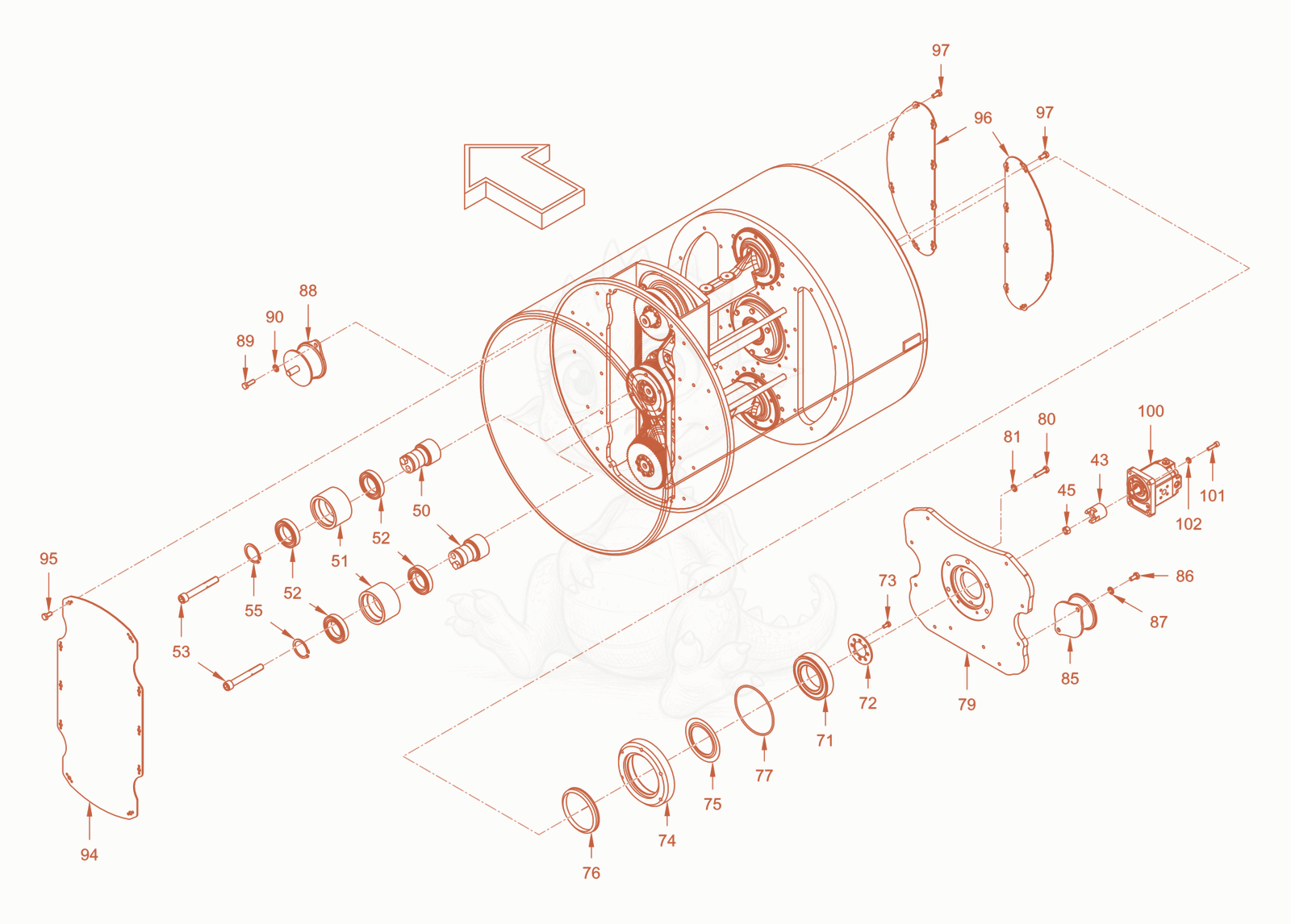 Exploded parts diagram of the roller drum with oscillator of a Wacker Neuson RD24-100OUS, with numbered balloons