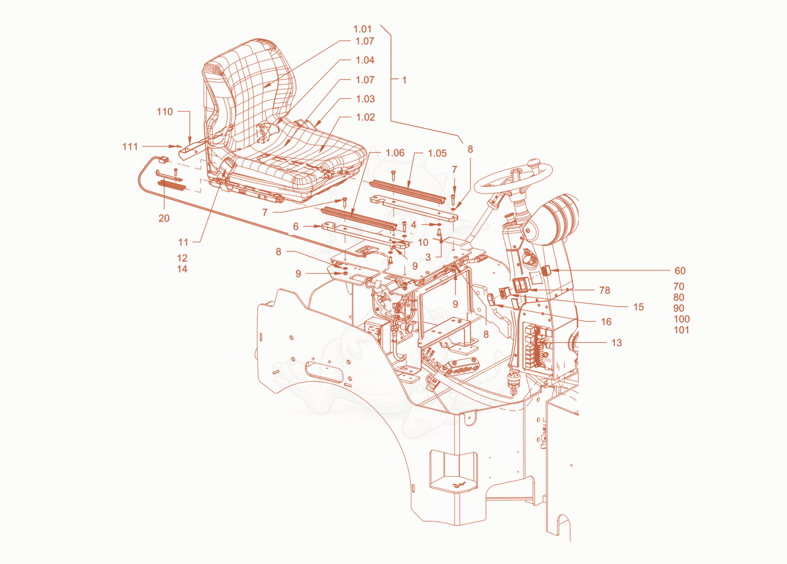 Exploded parts diagram of the operator´s seat of a Wacker Neuson RD40-130CDPF, with numbered balloons