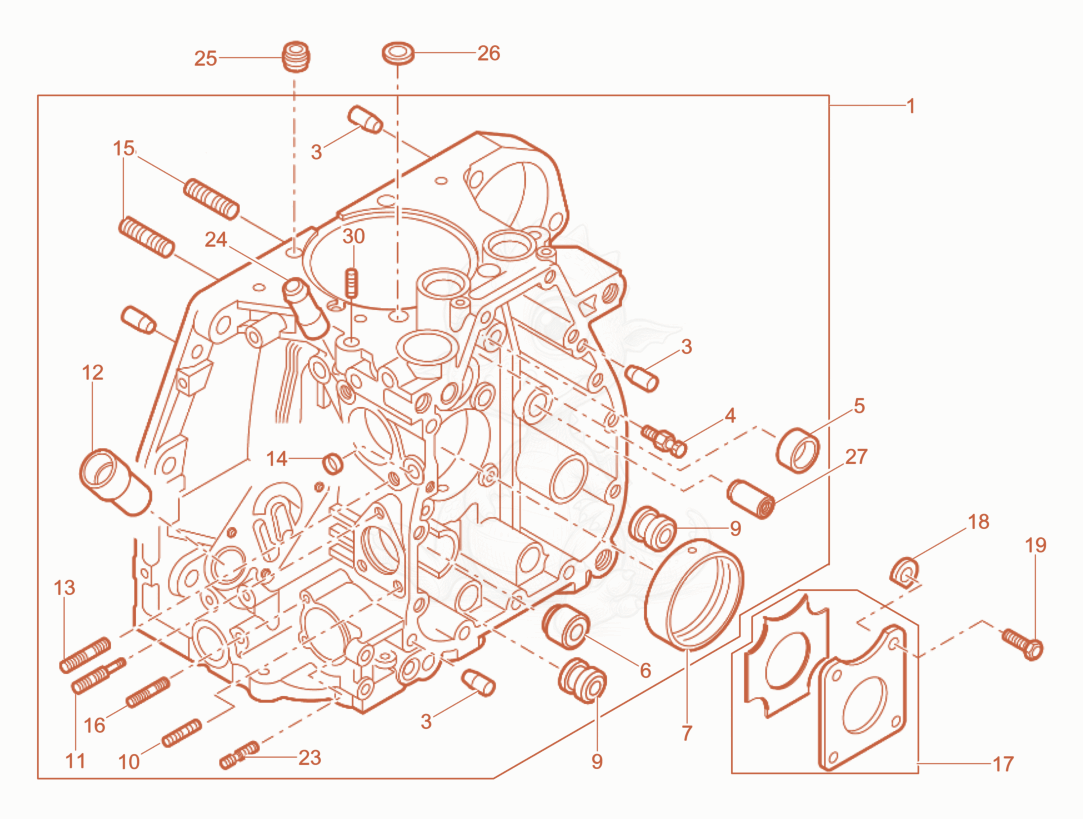 Exploded parts diagram of the Crankcase of a Wacker Neuson RD7HFB, with numbered balloons