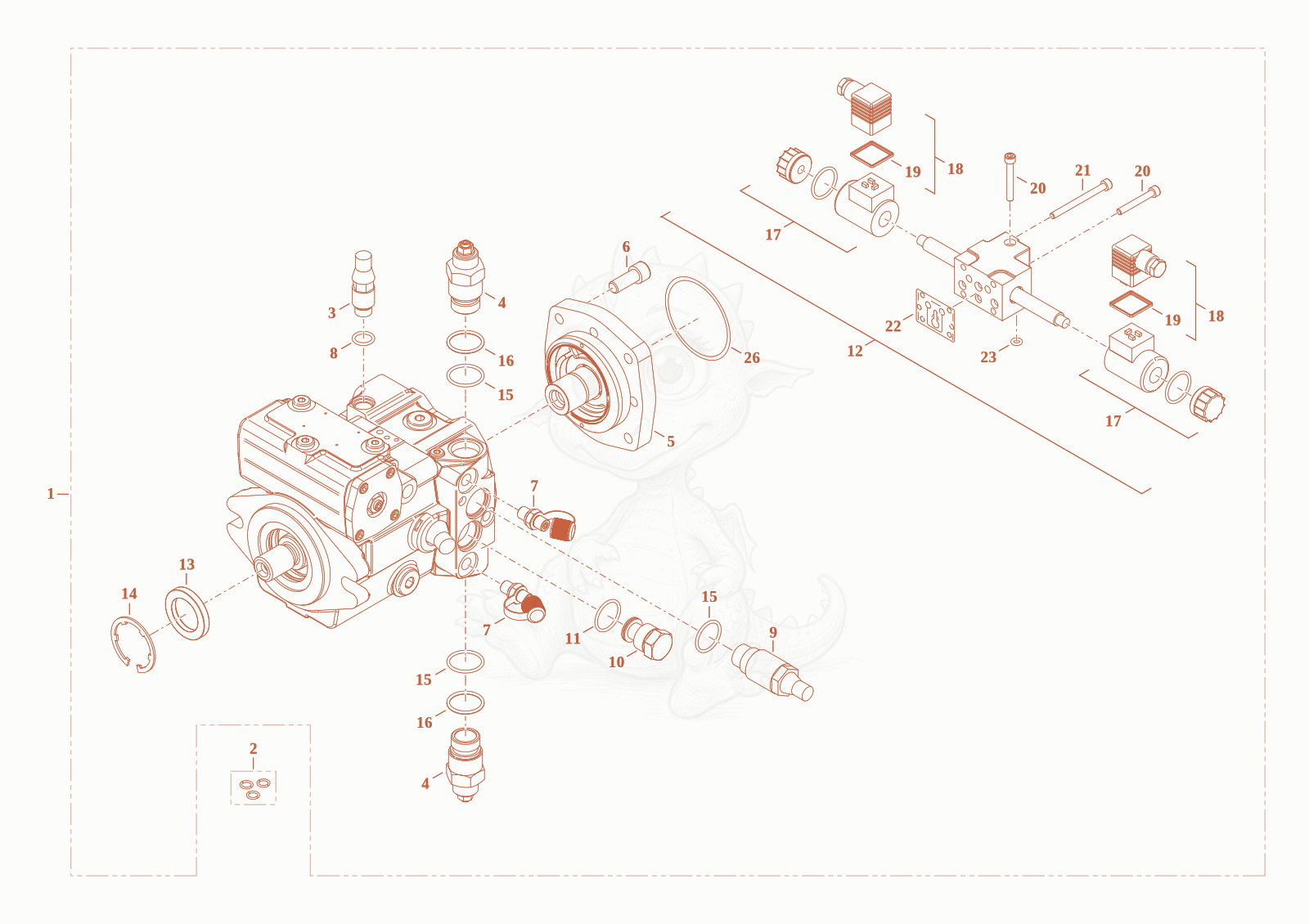 Exploded parts diagram of the displacement pump of a Wacker Neuson TH412, with numbered balloons