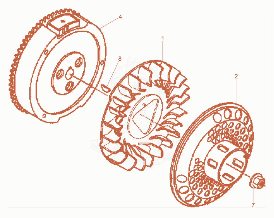 Despiece del Fly wheel de una máquina Wacker Neuson GV5003A, con globos numerados