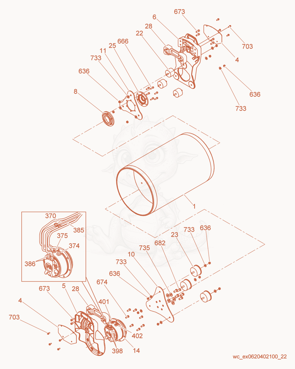 Exploded parts diagram of the Rear Drum of a Wacker Neuson RD16-100, with numbered balloons