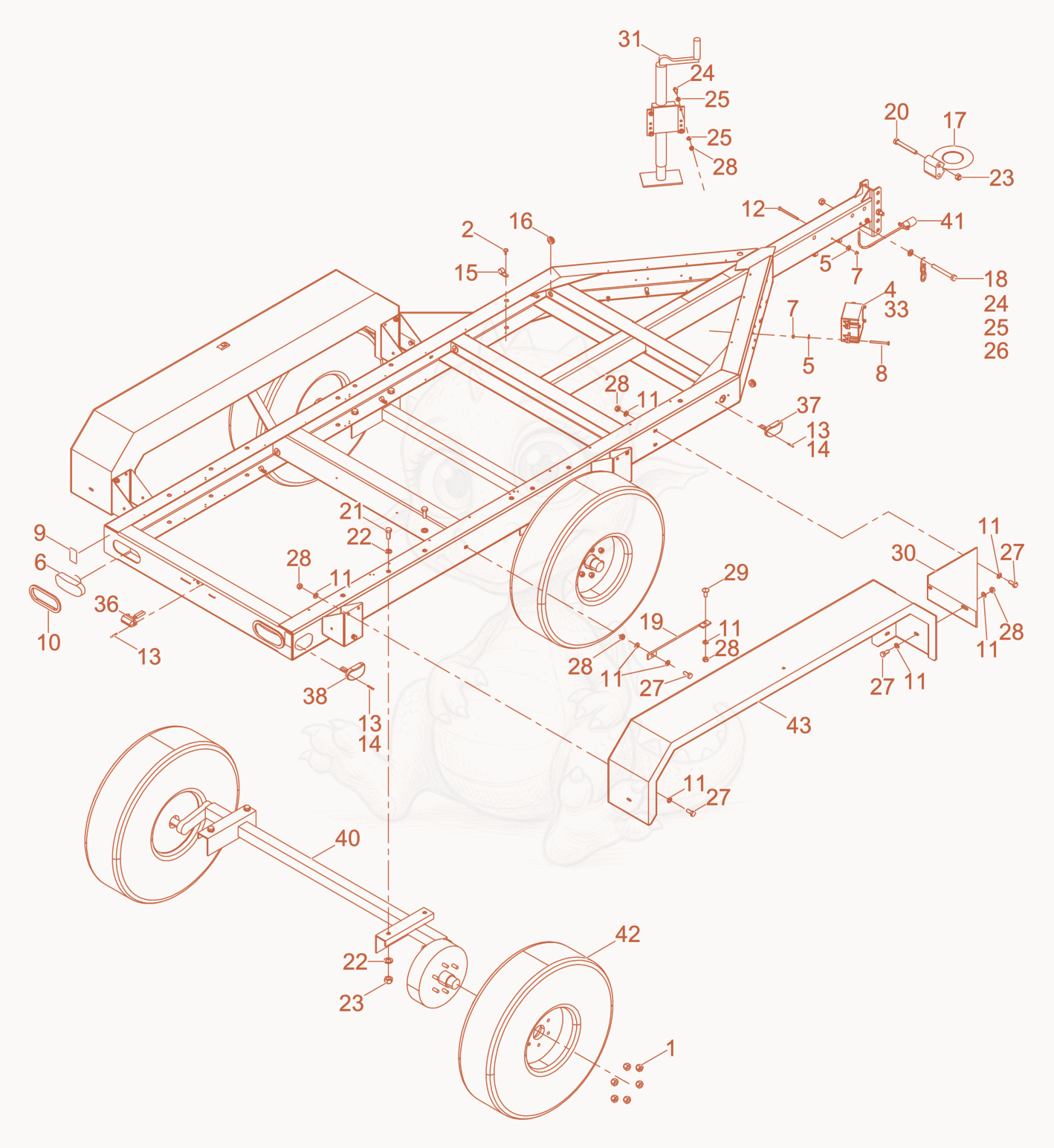 Exploded parts diagram of the Trailer Frame w/Electric Brake Tandem Axle of a Wacker Neuson G25, with numbered balloons