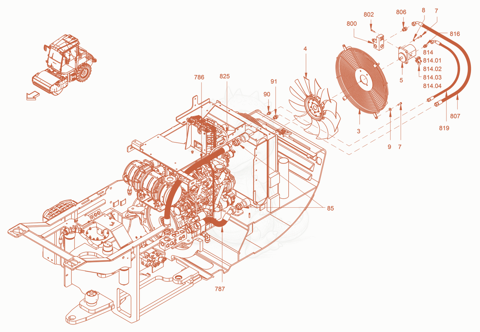 Exploded parts diagram of the Cooling (Engine/Hydraulic oil) of a Wacker Neuson RC70VOUS, with numbered balloons