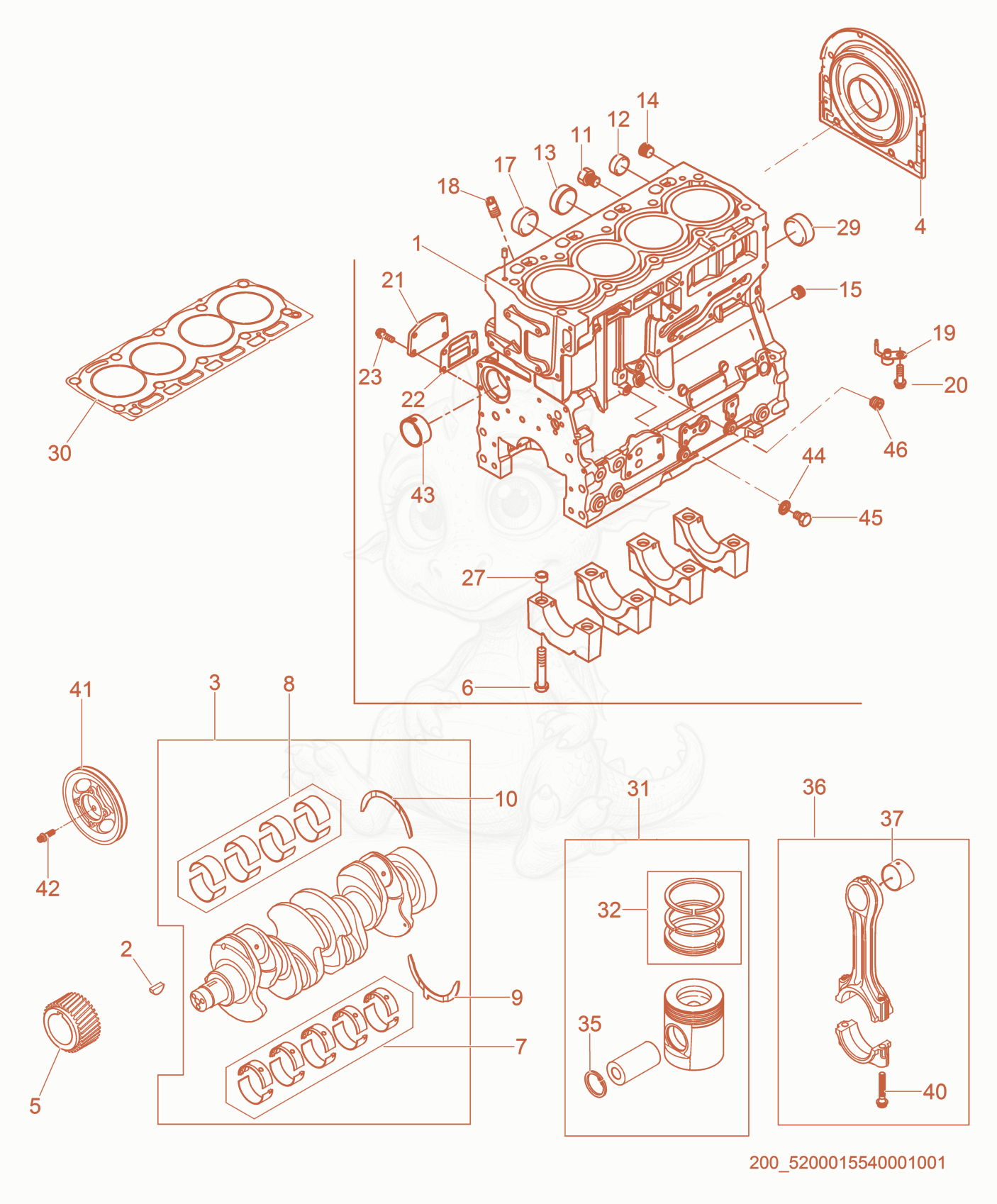 Exploded parts diagram of the Cylinder Block of a Wacker Neuson G95, with numbered balloons