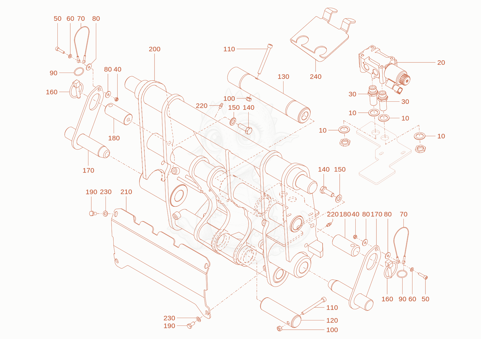 Despiece del quickhitch plate de una máquina Wacker Neuson TH412(T01-01), con globos numerados