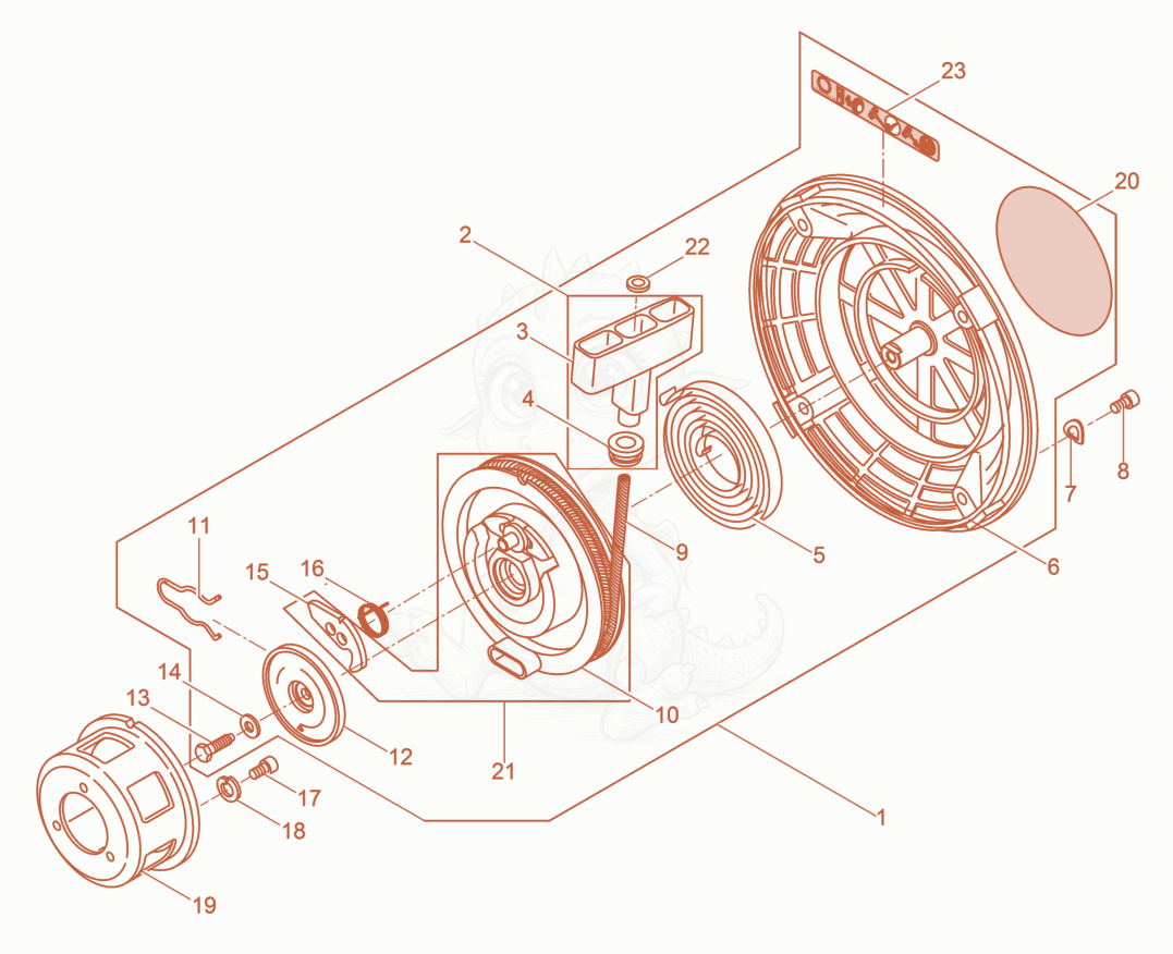 Despiece del Rewind Starter de una máquina Wacker Neuson DPS3060HV, con globos numerados