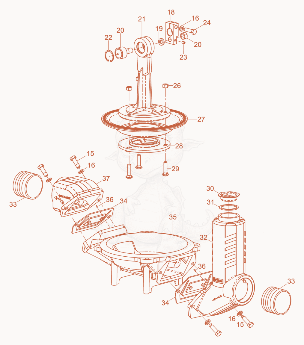 Despiece del Plunger/Housing de una máquina Wacker Neuson PDI2A(I), con globos numerados