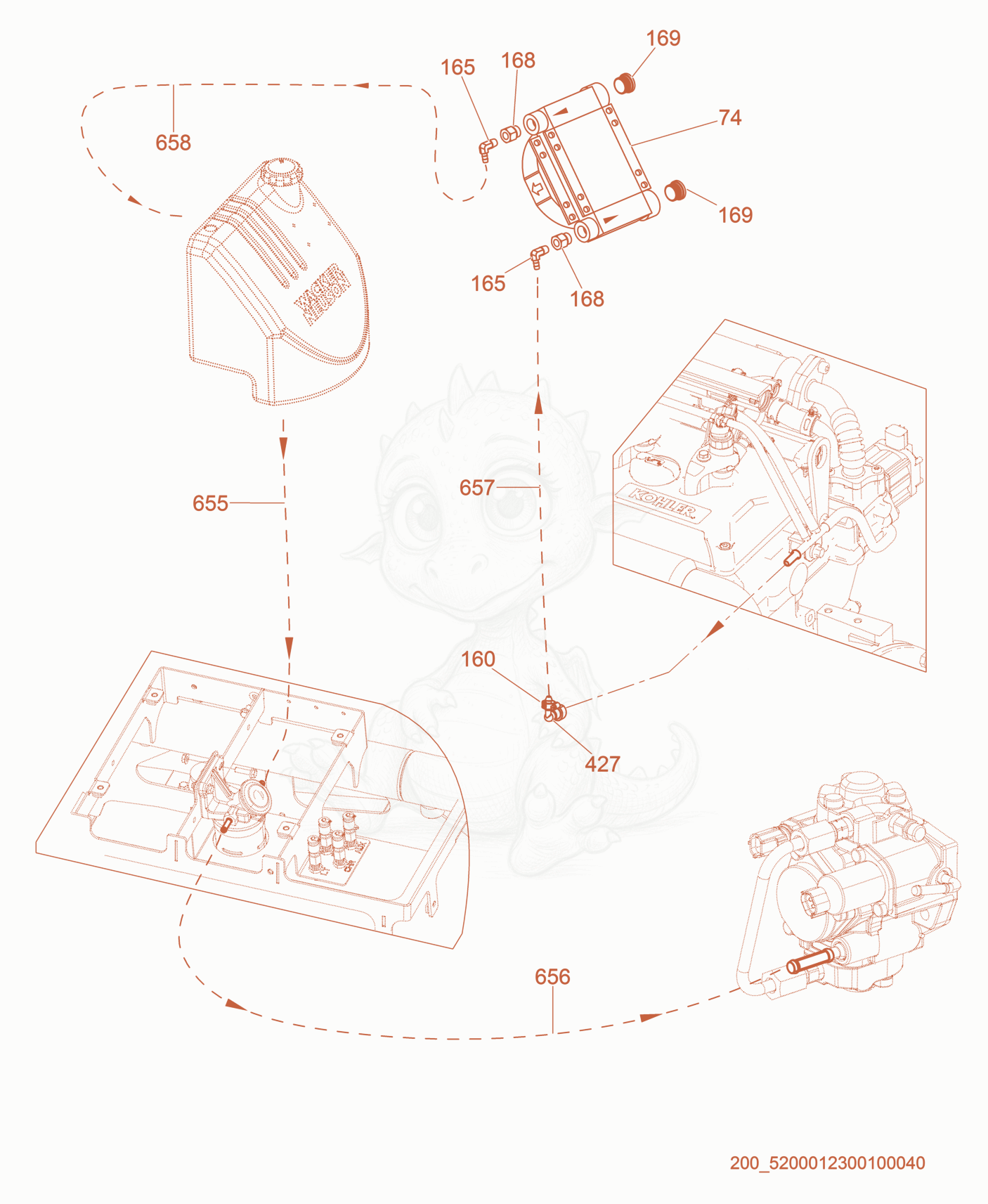 Exploded parts diagram of the Fuel Hose Routing/Fuel Cooler of a Wacker Neuson CRT60-74L, with numbered balloons