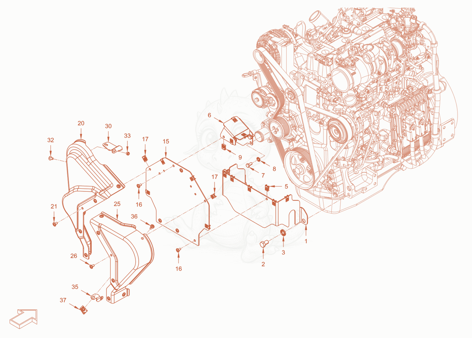 Exploded parts diagram of the pump drive and engine assembly of a Wacker Neuson RC110CAB, with numbered balloons