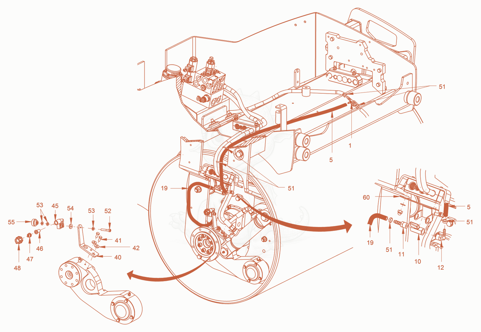 Exploded parts diagram of the sprinkling (edge pressing and cutting device) of a Wacker Neuson RD24-100.3, with numbered balloons