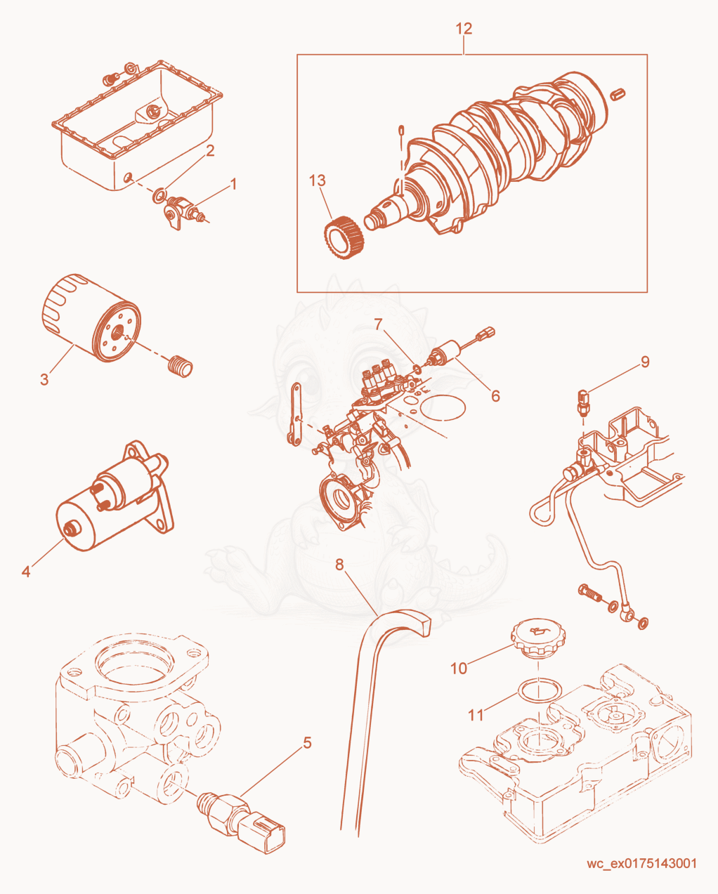 Exploded parts diagram of the Engine Service Parts of a Wacker Neuson RD27-120, with numbered balloons