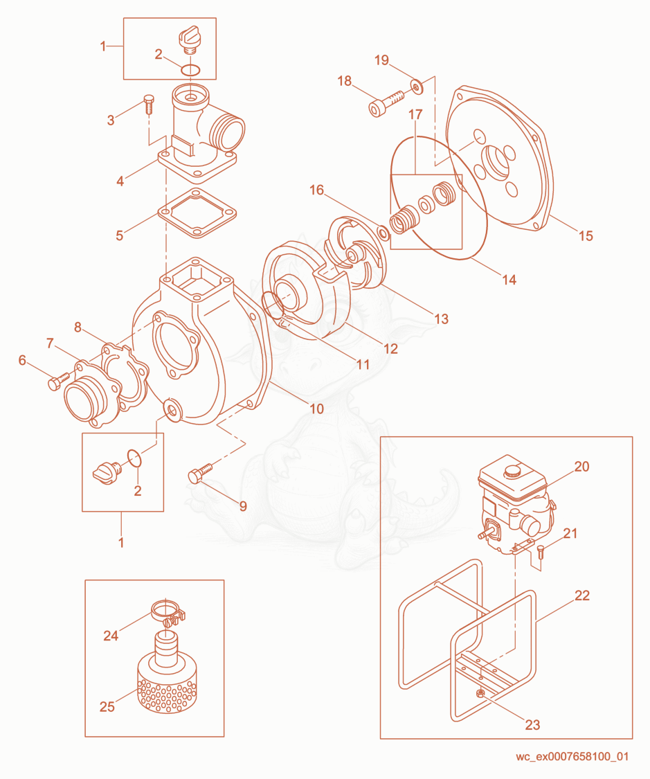 Exploded parts diagram of the Pump Components of a Wacker Neuson PG2A, with numbered balloons