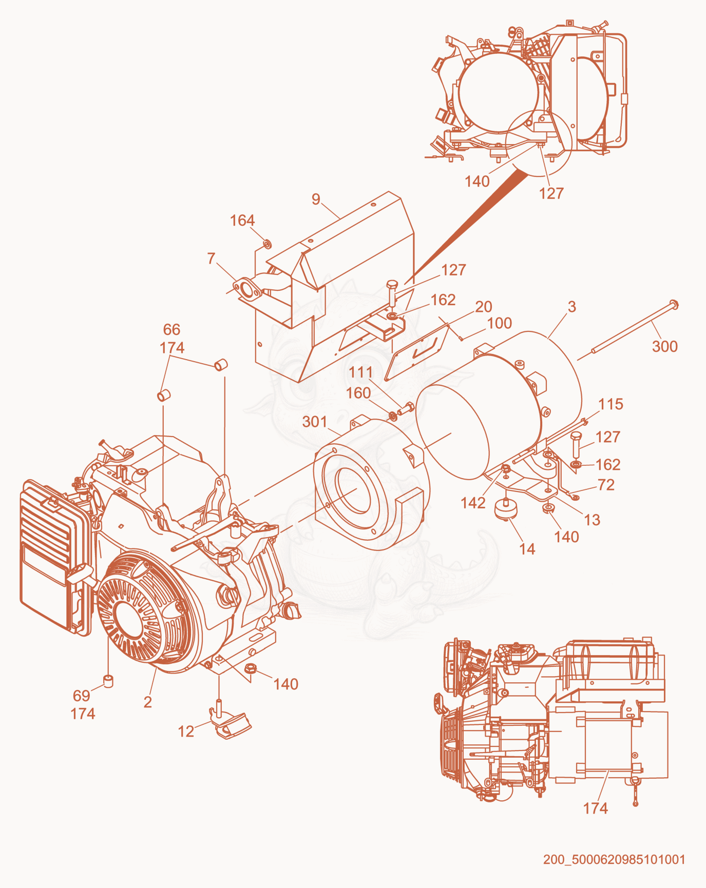 Exploded parts diagram of the Engine/Generator cpl. of a Wacker Neuson GP6600, with numbered balloons