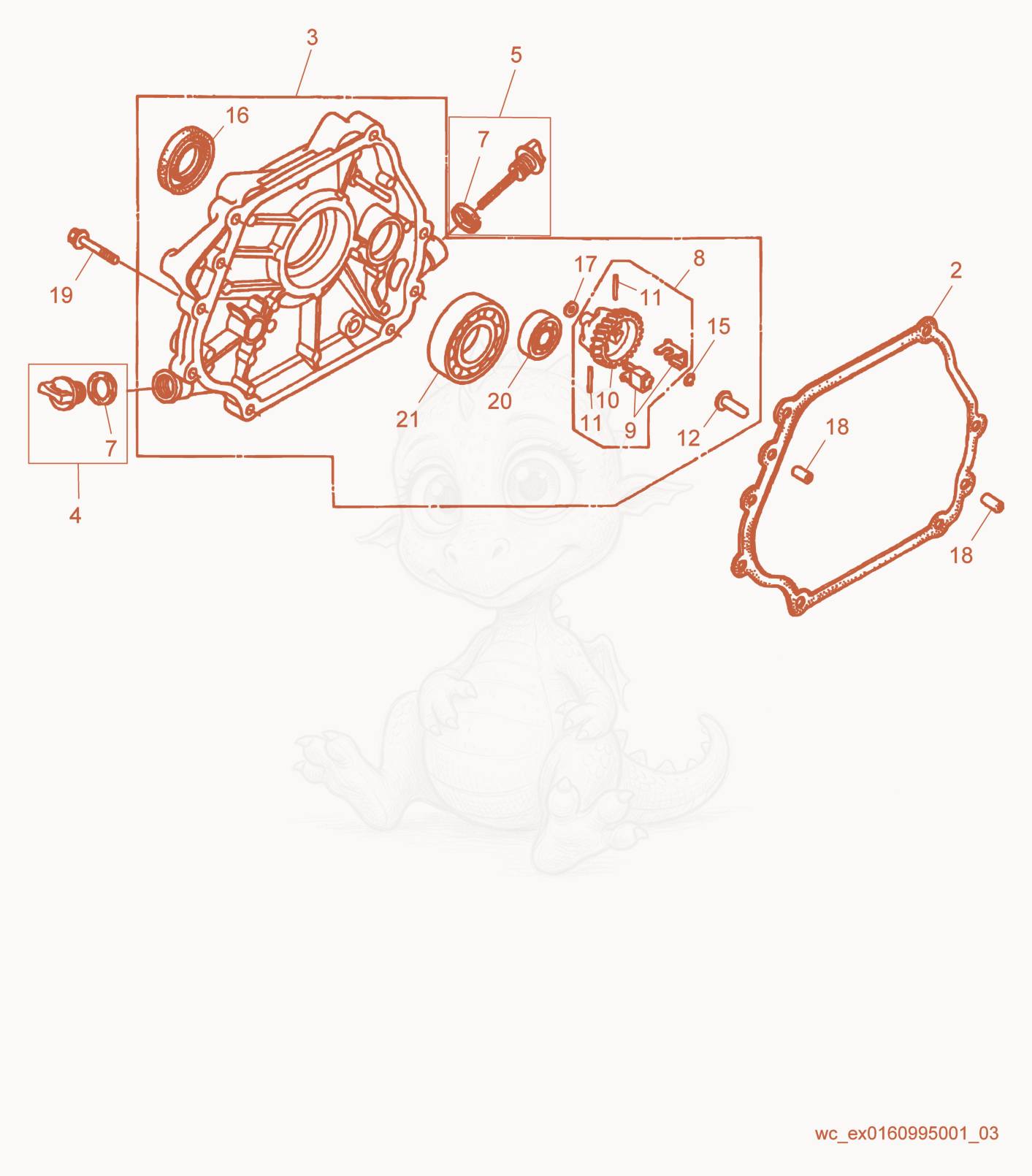 Exploded parts diagram of the Crankcase Cover of a Wacker Neuson GP3800A, with numbered balloons