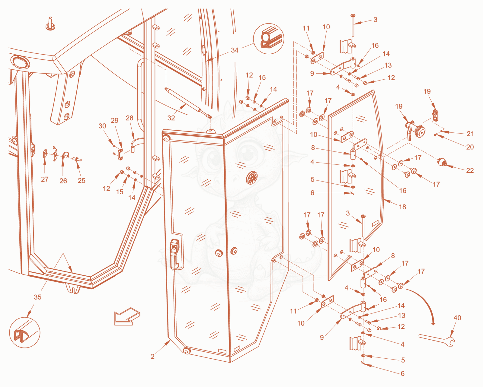 Exploded parts diagram of the driver's cabin of a Wacker Neuson RD40-130CDPF, with numbered balloons
