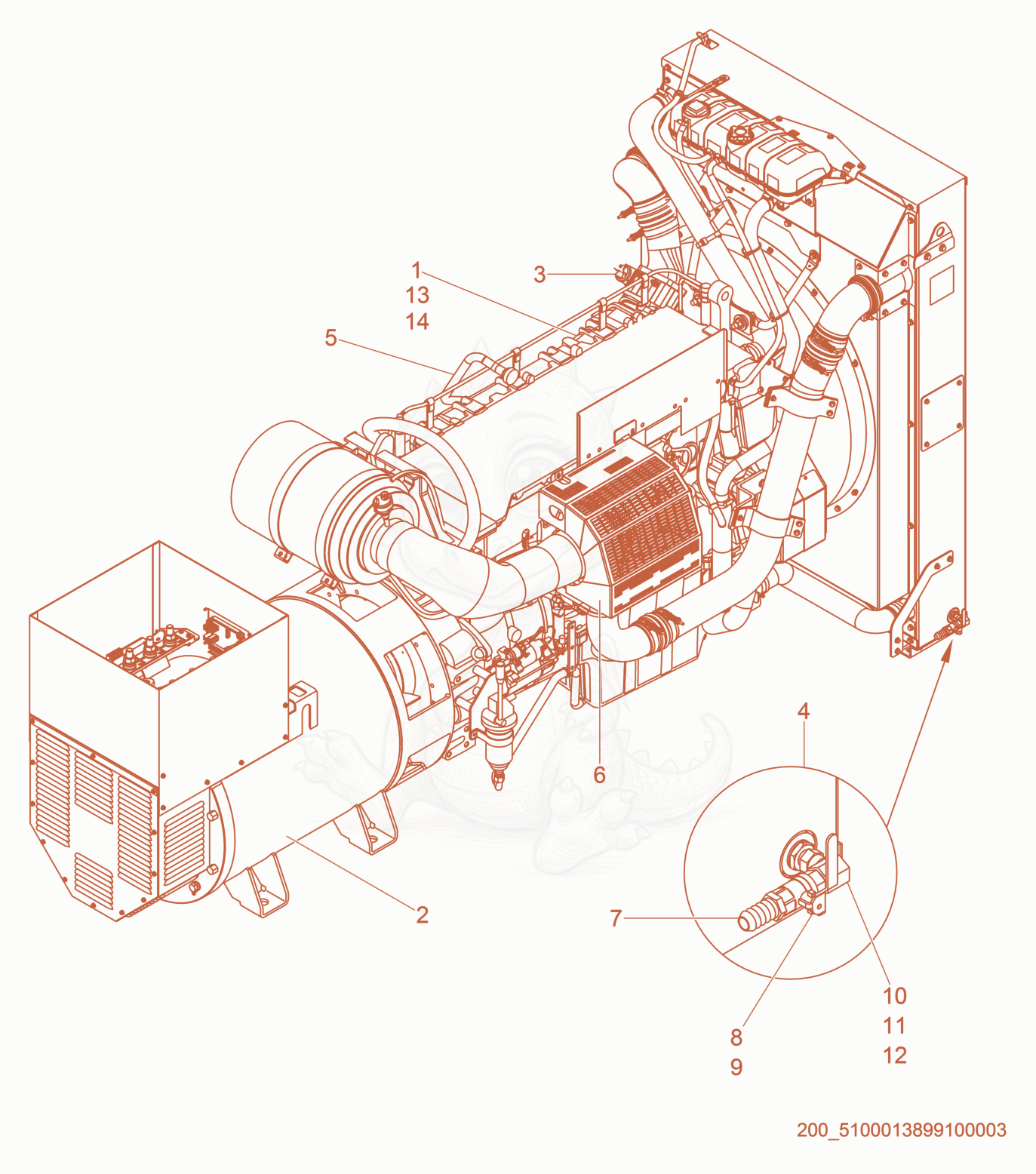 Despiece del Engine/Generator cpl. de una máquina Wacker Neuson G625, con globos numerados