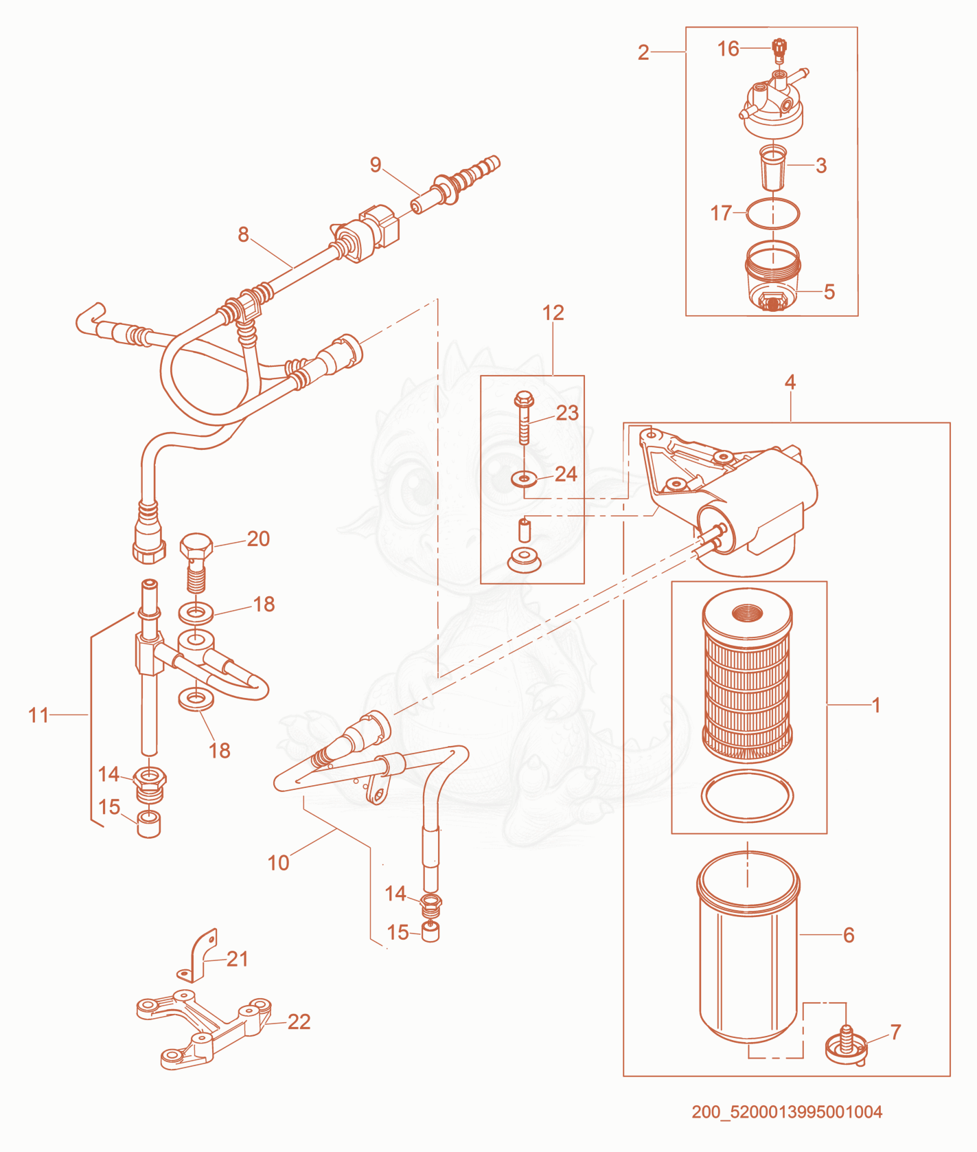 Exploded parts diagram of the Fuel Filter of a Wacker Neuson G40, with numbered balloons