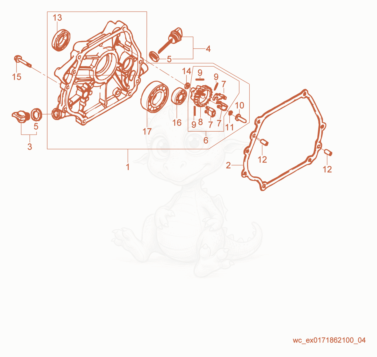 Exploded parts diagram of the Crankcase Cover of a Wacker Neuson GV5600A, with numbered balloons