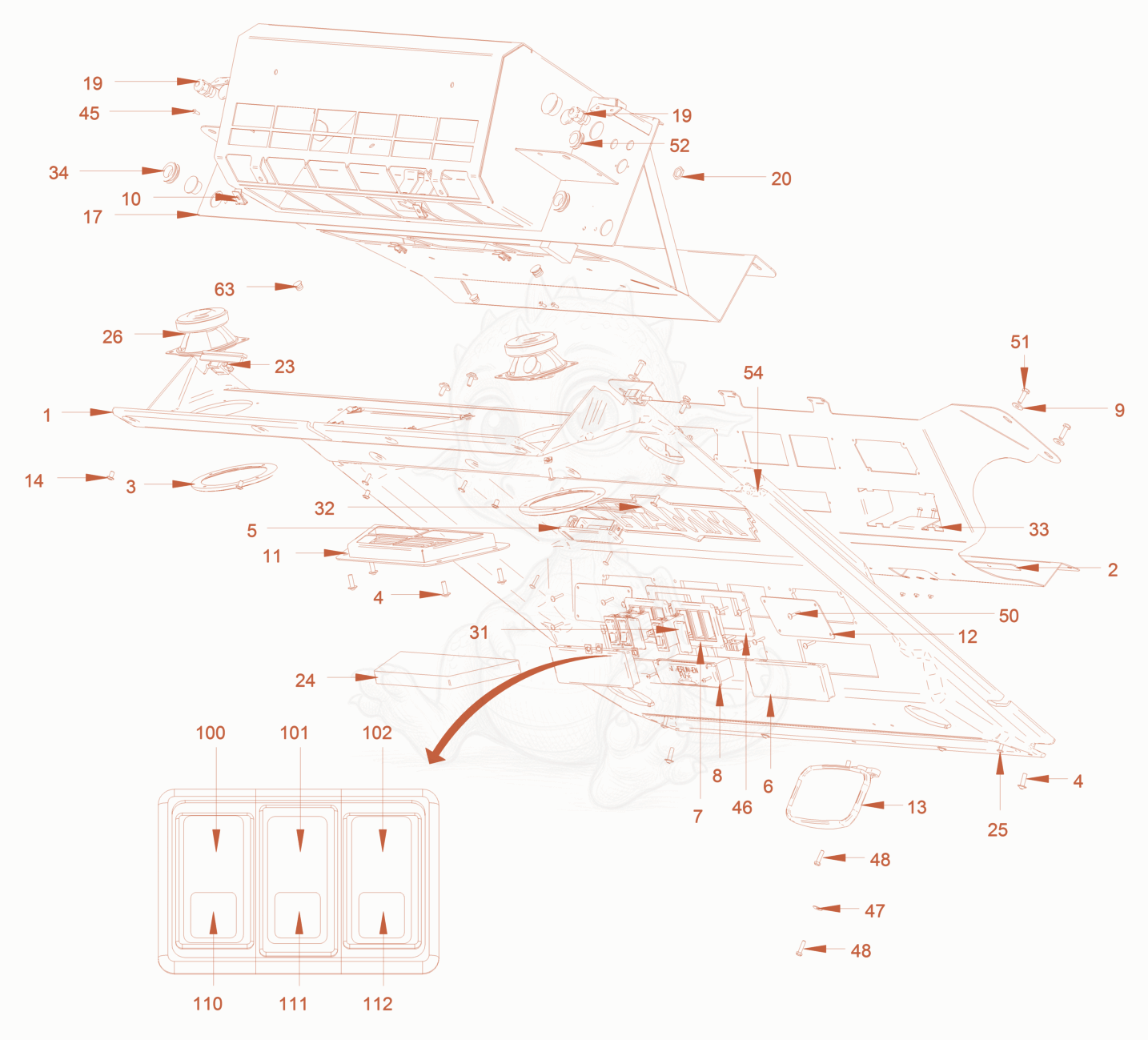 Exploded parts diagram of the driver's cabin of a Wacker Neuson RC50P, with numbered balloons