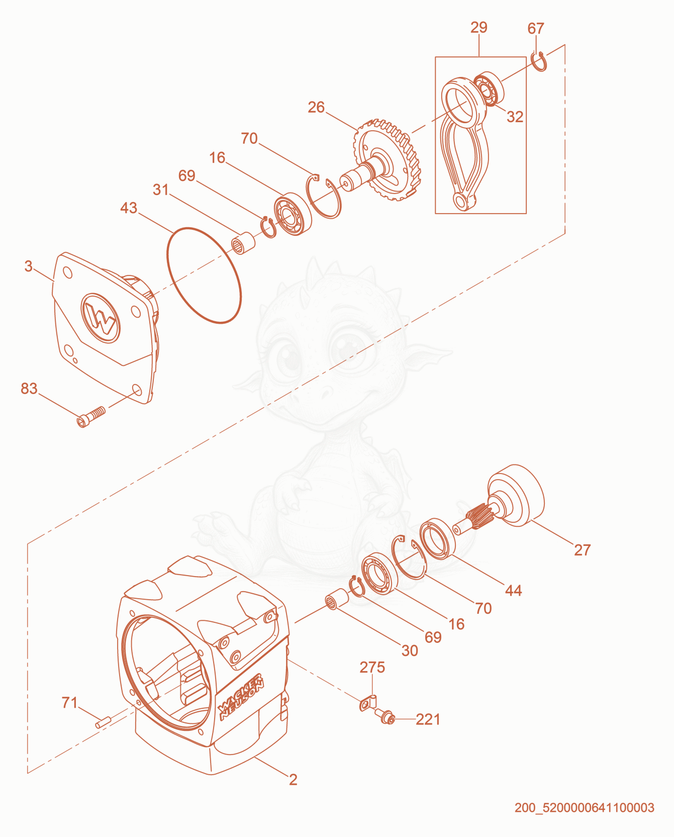 Exploded parts diagram of the Crankcase cpl. of a Wacker Neuson BS50-2, with numbered balloons
