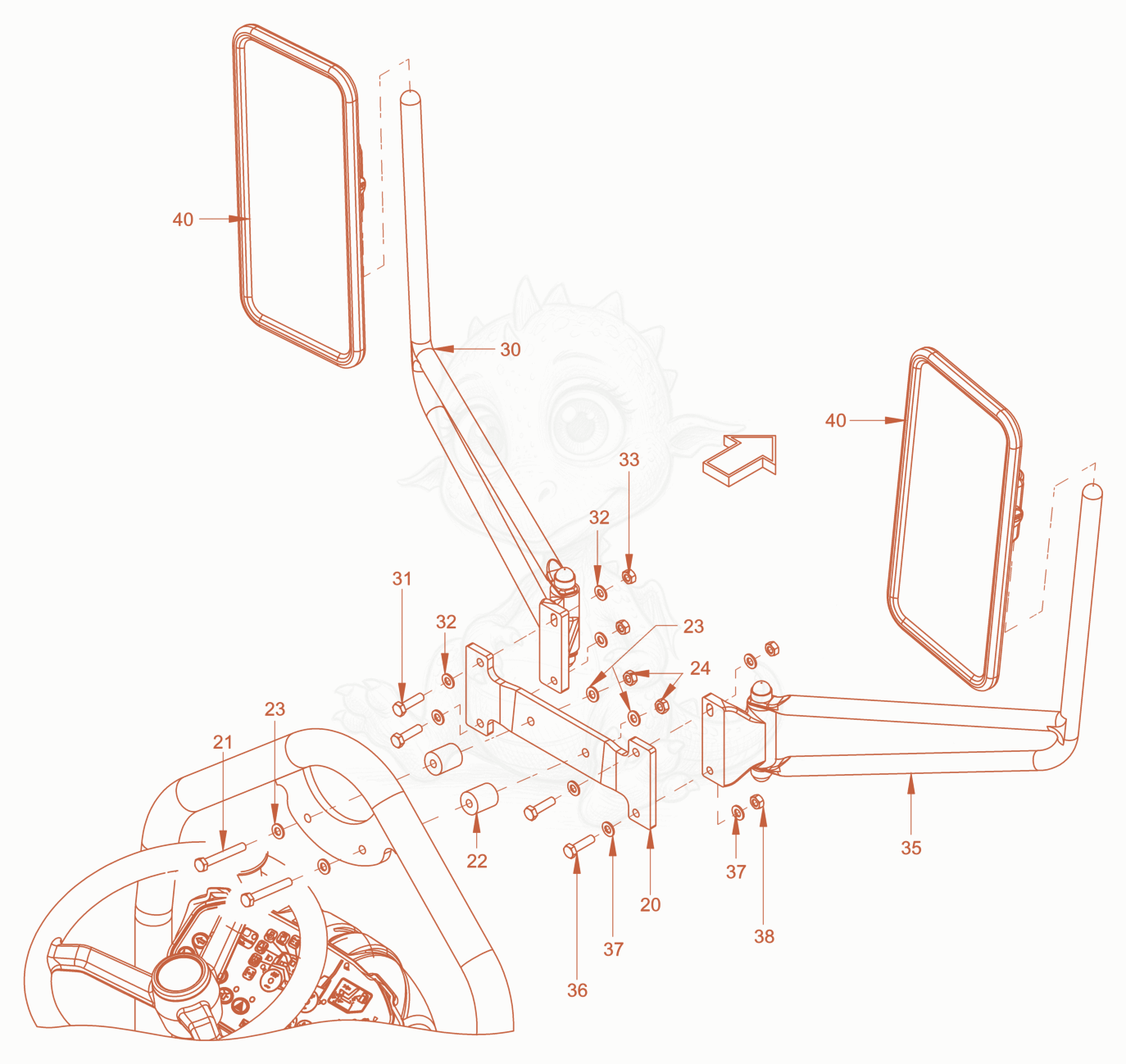 Exploded parts diagram of the additional mirror of a Wacker Neuson RD18-100.3, with numbered balloons