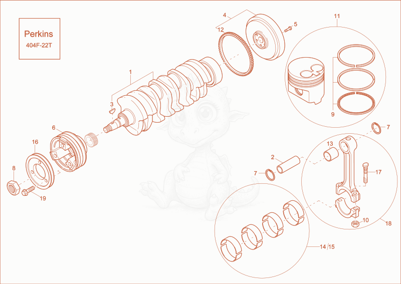 Despiece del crankshaft, piston de una máquina Wacker Neuson EZ53, con globos numerados